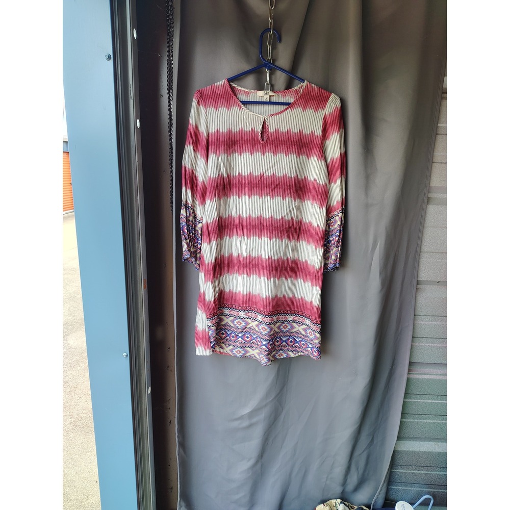 YA Los Angeles Red White Ikat Stripe Boho‎ Shift Dress Mixed Print Border Womens